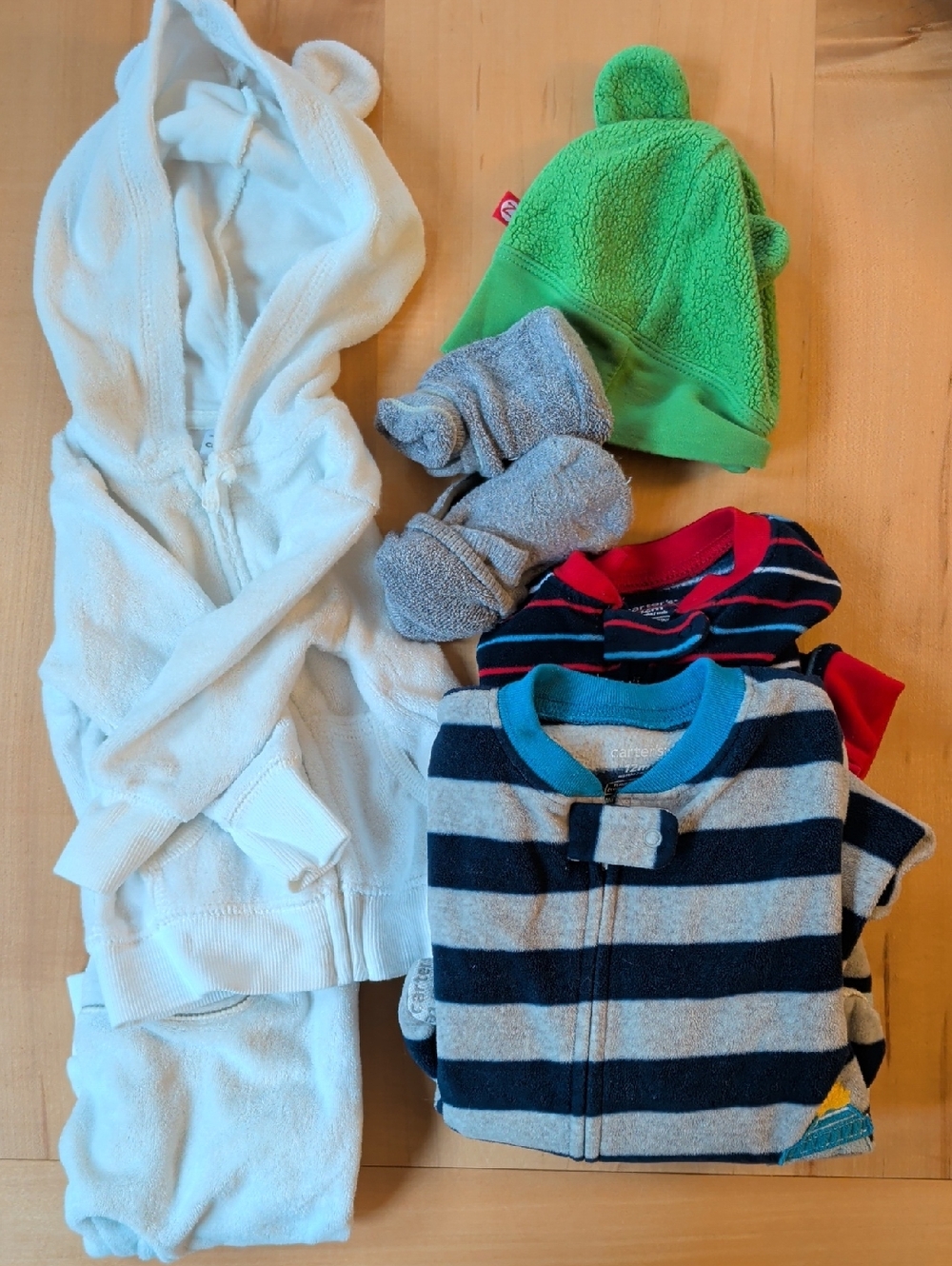 Striped Baby Zip Fleece & White Hooded Two-Piece Set with Green Beanie